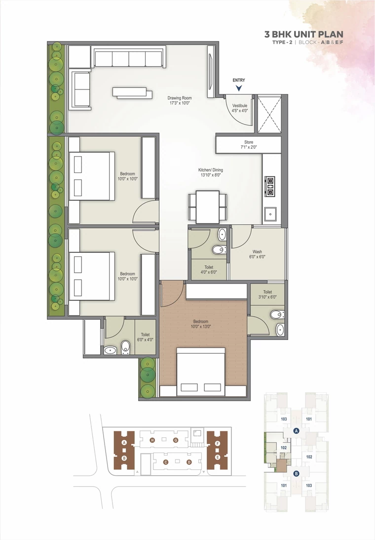 3BHK Unit Plan Type 2 Block A,B,E&F